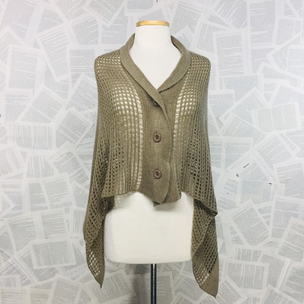 Tan Fishnet Knit Shawl Scarf Wrap Button